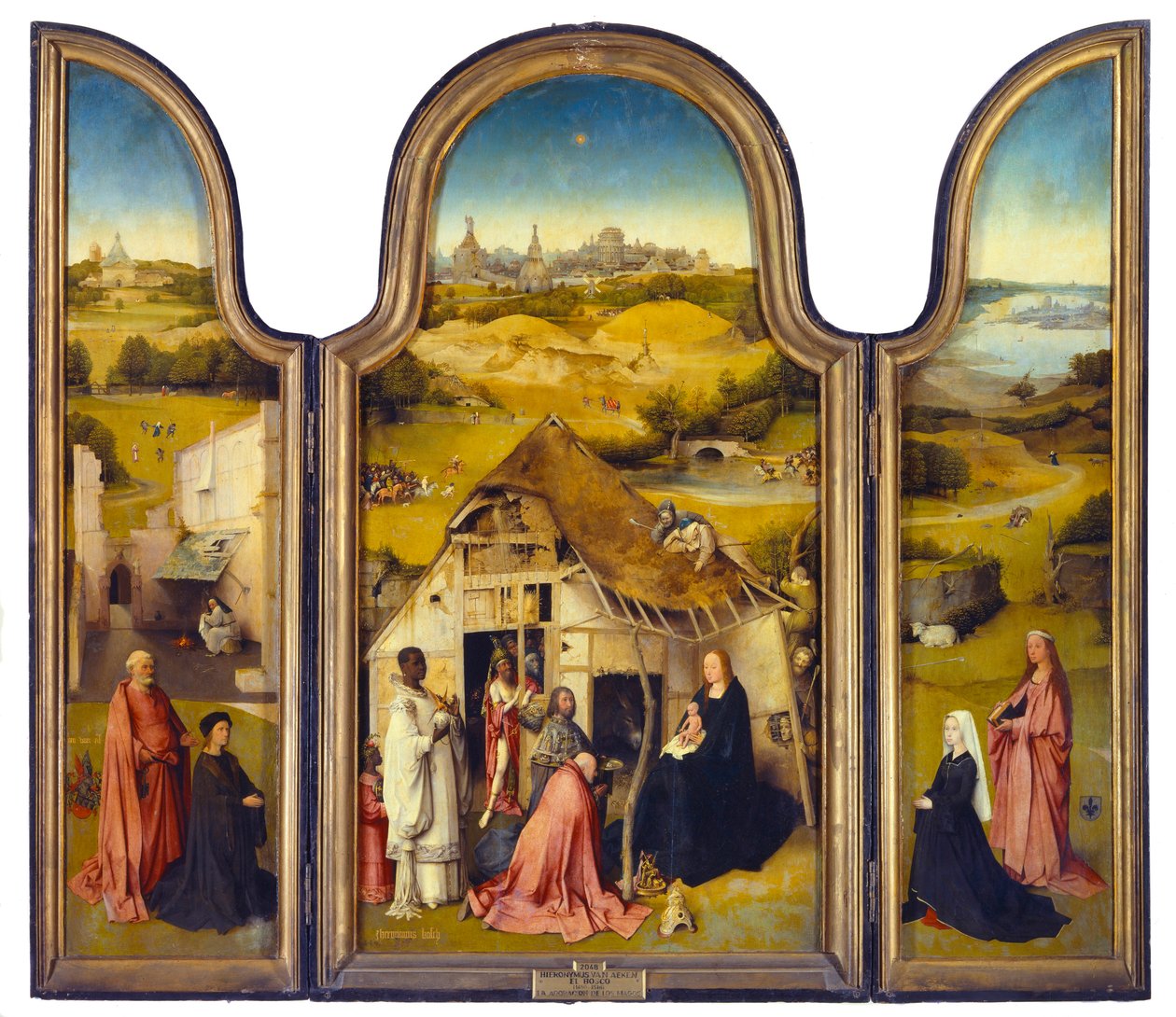 Tilbedelsen av magi eller helligtrekonger, Triptych. Maleri av Hieronymus Van Aeken (Aken) dit Jerome Bosch (1450-1516). 1510-1511. Madrid. Musee du Prado. - Tilbedelse av magi eller helligtrekonger - Triptych. Maleri av Jheronimus Van Aeken (Aken) kalt av Hieronymus Bosch