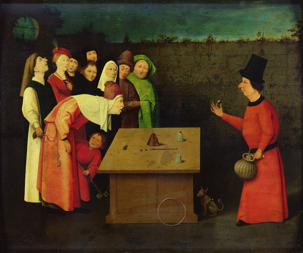 The Conjuror (olje på panel) (forhåndsrestaurering) av Hieronymus Bosch