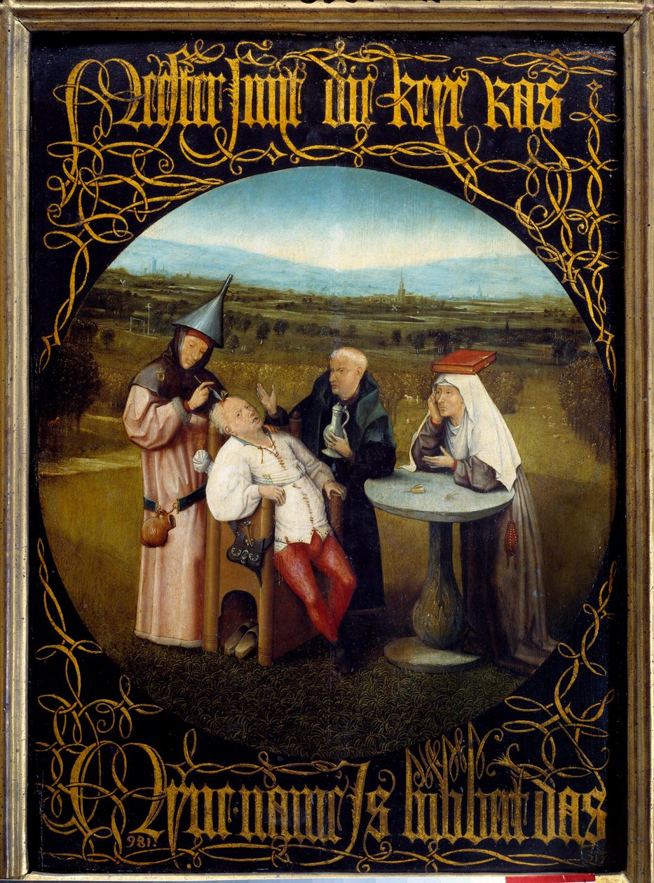 Utvinningen av Stone of Folie. Maleri av Hieronymus Van Aeken (Aken) dit Jerome Bosch (1450-1516) av Hieronymus Bosch