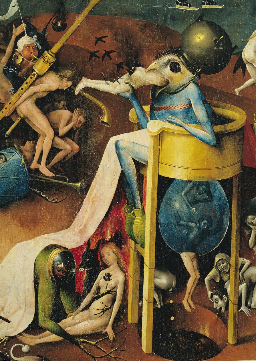 The Garden of Earthly Delights: Helvete, høyre vinge av triptyk, detalj av blå fuglemann på en krakk, ca. 1500 (detalj av 3425) av Hieronymus Bosch