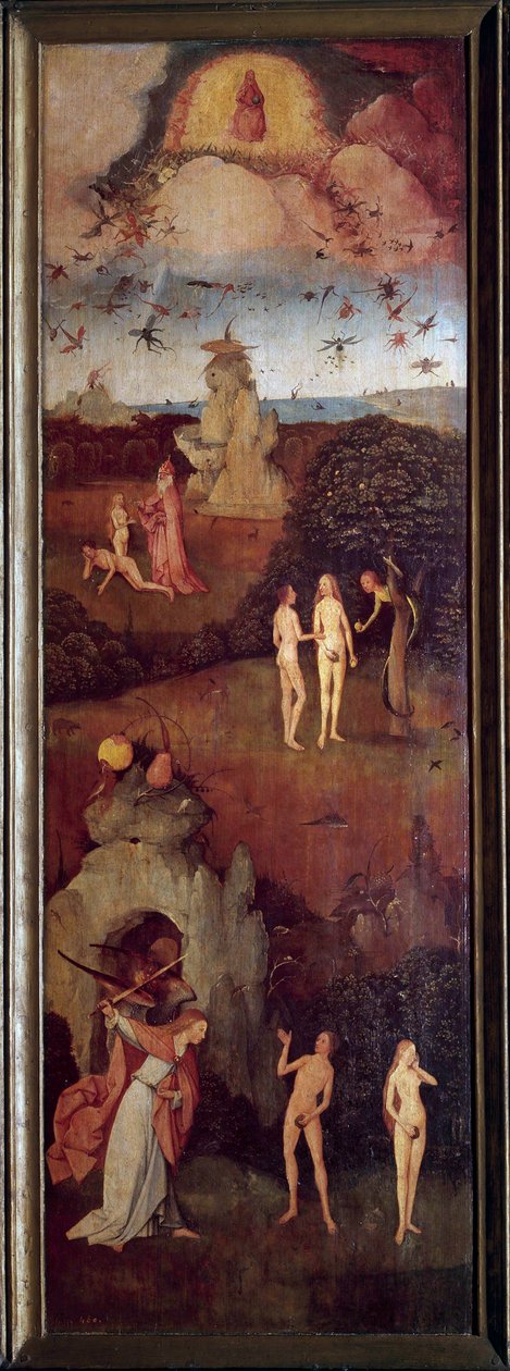 Høyvognen Skapelsen av Adam og Eva. De blir jaktet fra paradiset etter arvesynden. Venstre panel av den allegoriske tryptiken på passet, nåtiden til Hieronymus Van Aeken (Aken) kalt Jerome Bosch (1450-1516), ca. 1490. Madrid, Prado-museet av Hieronymus Bosch