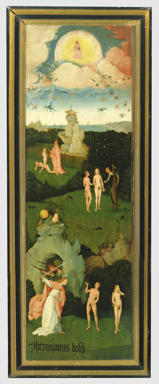 The Haywain: venstre fløy av triptyken som viser Edens hage, ca. 1500 (panel) av Hieronymus Bosch