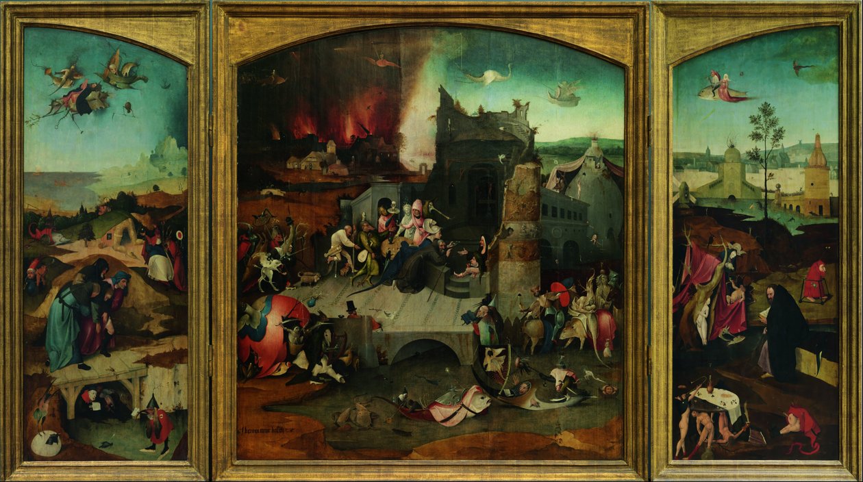 Fristelsen til St Anthony. Høyoppløselig reproduksjon fra Google Art Project. Øverste venstre hjørne måtte prøves på nytt av Hieronymus Bosch