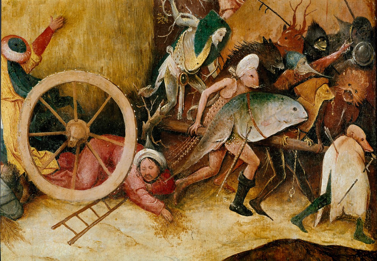 Høytanken eller høytriptyken (høyvogn): Sentralpaneldetalj. Monsterfigurer, antropomorfe karakterer og en mann krasjer under et hjul. Maleri av Hieronymus Van Aeken (Aken) dit Jerome Bosch (1450-1516) av Hieronymus Bosch