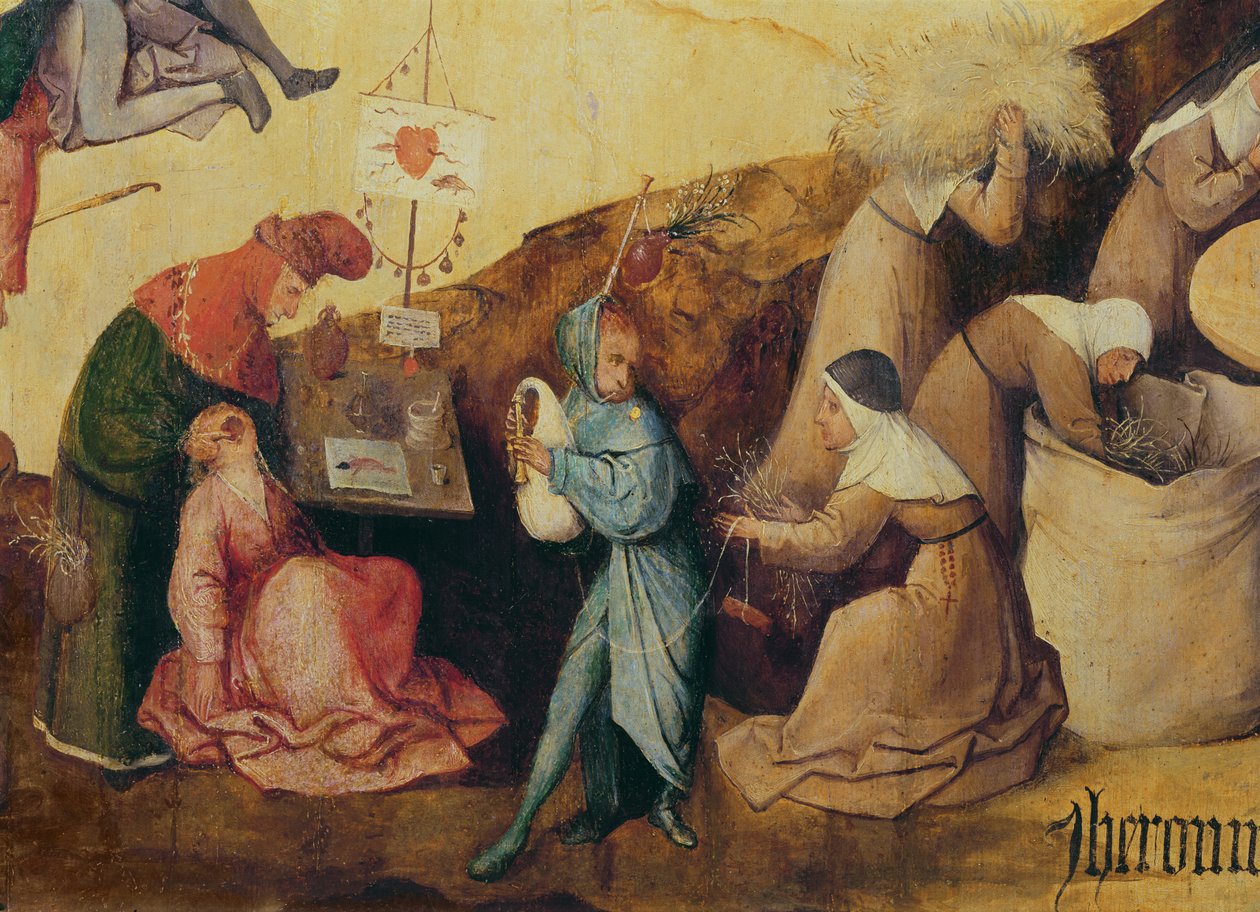 Tanntrekkeren, sekkepipespilleren og vedsamlerne, detalj av sentralpanelet til The Haywain Triptych, ca. 1515 (detalj av 3429) av Hieronymus Bosch