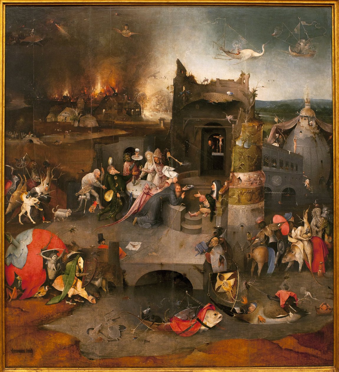 Triptyk av fristelser - sentral del: fristelsen til den hellige Antonius den store (eller den hellige eremitten Antonius eller den hellige Antonius abbe. Maleri av Hieronymus Van Aeken (Aken) dit Jerome Bosch (1450-1516), olje på tre, ca. 1500 ( Triptych o av Hieronymus Bosch