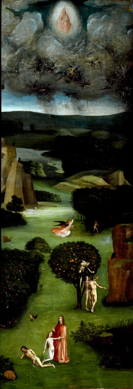 Tryptic of the Last Judgment (Das Weltgerichts-Triptychon): venstre panel som representerer Adam og Eva i paradis. Fra bunn til topp: skapelsen (fødselen) av Eva, fristelsen til Adam og Eva (arvesynden) og deres utvisning fra Edens hage. Topp: av Hieronymus Bosch