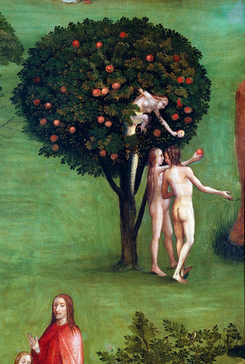 Tryptic of the Last Judgement, venstre panel. Adam og Eva i paradis, detalj (maleri på tre, ca. 1504) av Hieronymus Bosch