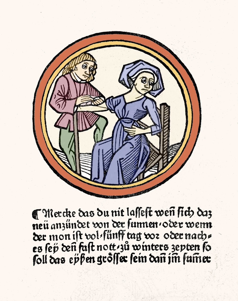 En kvinnes blødning. Xylografi hentet fra "Buch de Surgery"" av Hyeronimus Braunschweig. Strasbourg 1497 av Hieronymus Brunschwig