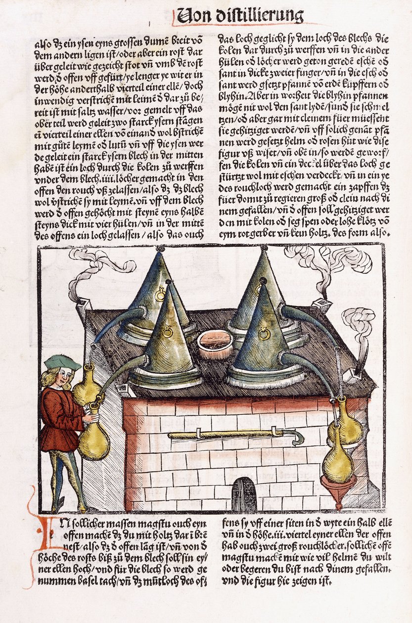 Illustrasjon av et destilleri fra slutten av 1400-tallet for å utvinne essensielle oljer fra planter, 1500 av Hieronymus Brunschwig