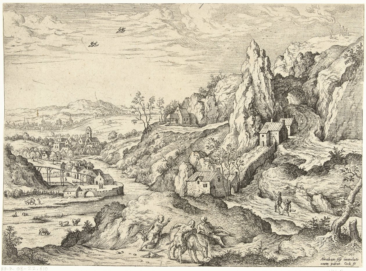 Abraham og Isak på vei til offerstedet Landskap med bibelske og mytologiske scener (serietittel) av Hieronymus Cock