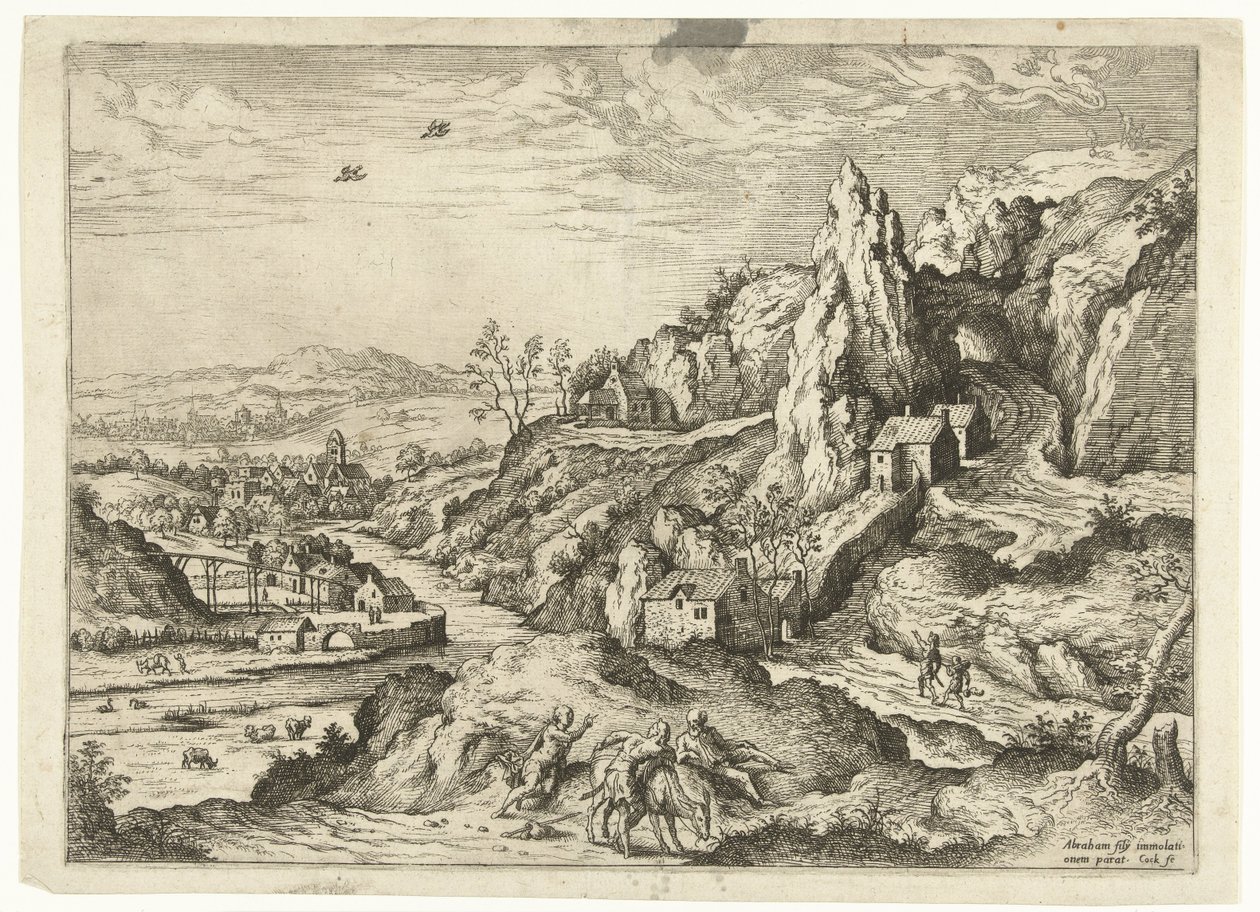 Abraham og Isak på vei til offerstedet Landskap med bibelske og mytologiske scener (serietittel) av Hieronymus Cock