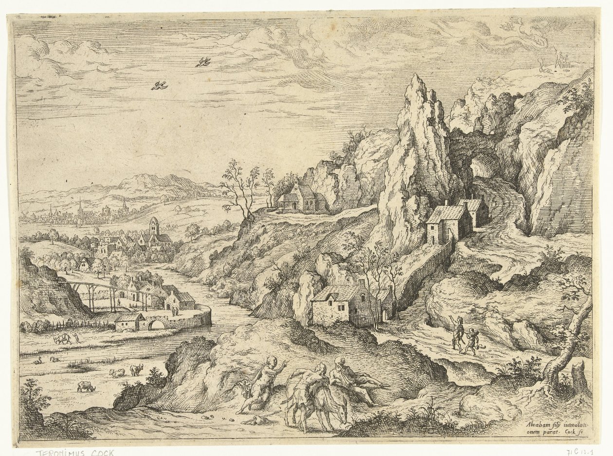 Abraham og Isak på vei til offerstedet Landskap med bibelske og mytologiske scener (serietittel) av Hieronymus Cock