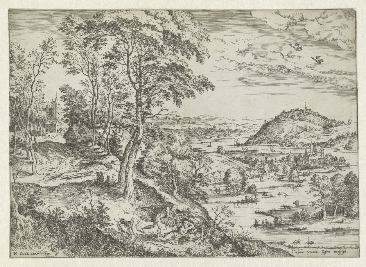 Cephalus og Procris Landskap med bibelske og mytologiske scener (serietittel) av Hieronymus Cock