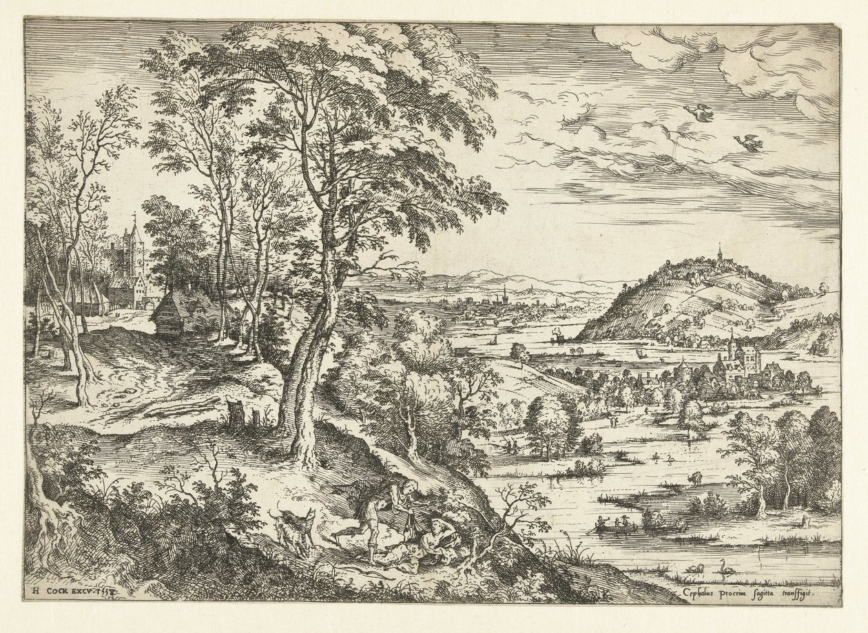 Cephalus og Procris Landskap med bibelske og mytologiske scener (serietittel) av Hieronymus Cock