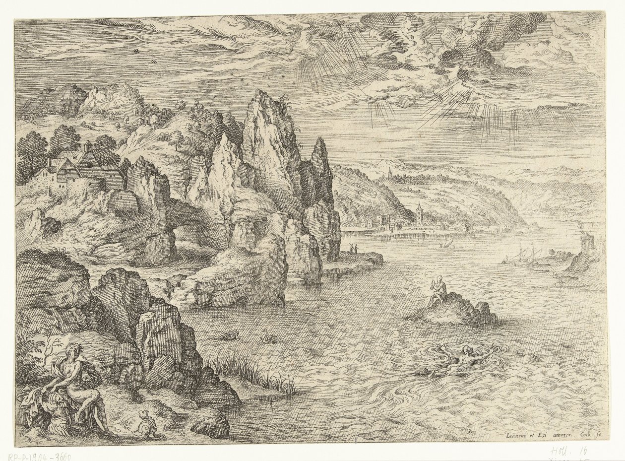 Kystlandskap med Hero og Leander Hero og Leander Landskap med bibelske og mytologiske scener (serietittel) av Hieronymus Cock