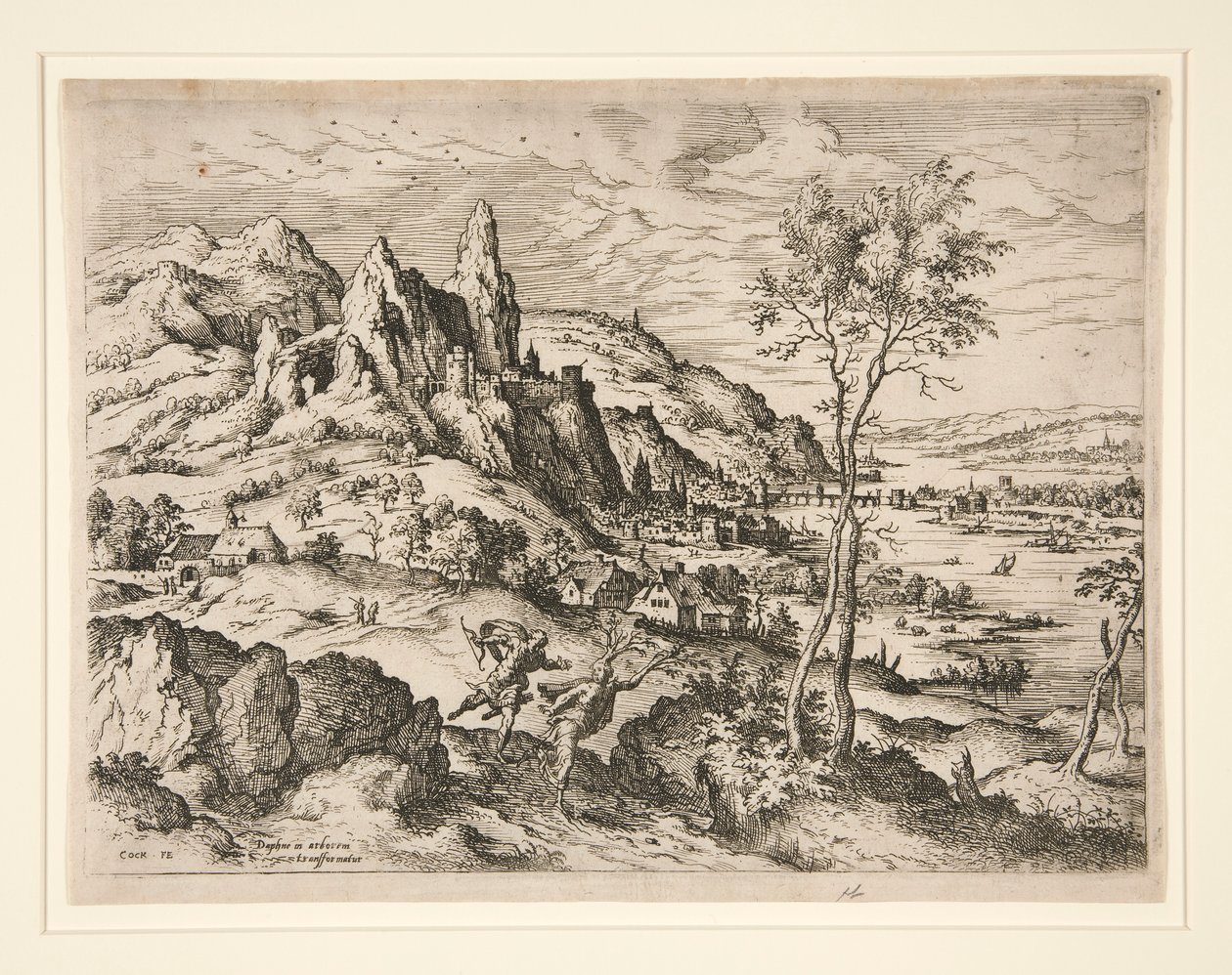 Daphne forfulgt av Apollo, fra Landskap med bibelske og mytologiske scener av Hieronymus Cock