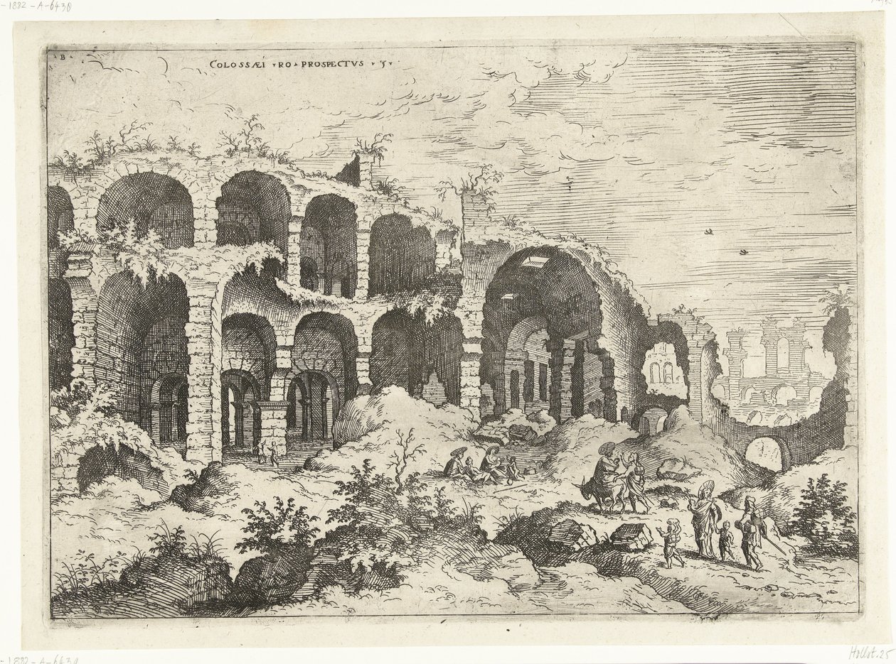 Tredje utsikt over Colosseum i Roma Kolosser til prospekt vs (tittel på objekt) Romerske ruiner (serietittel) av Hieronymus Cock