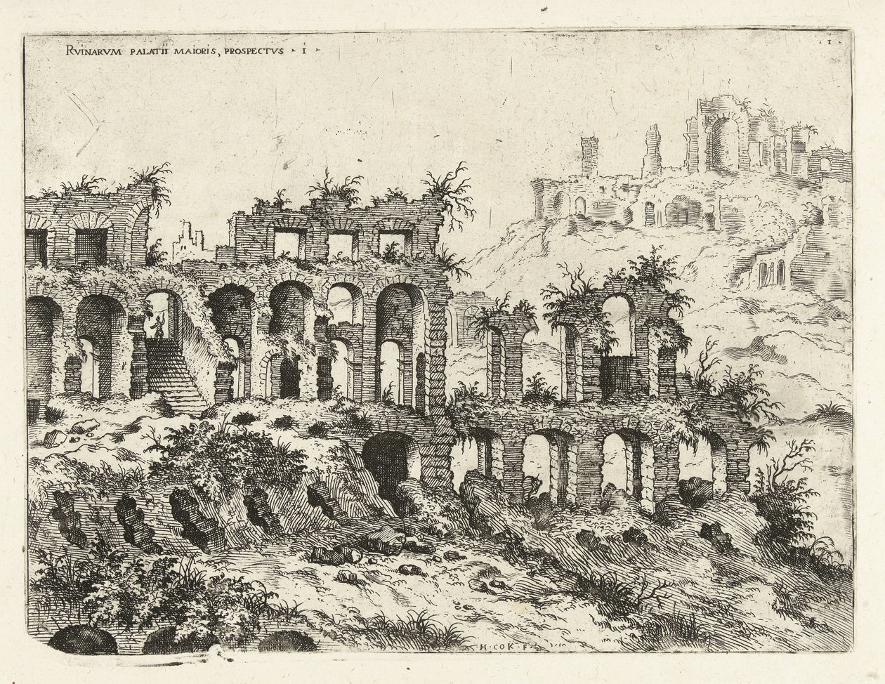 Utsikt over Colosseum og Palatinerhøyden Rvinarvm palatii maioris, prospectvs 1 (tittel på objekt) Romerske ruiner (serietittel) av Hieronymus Cock