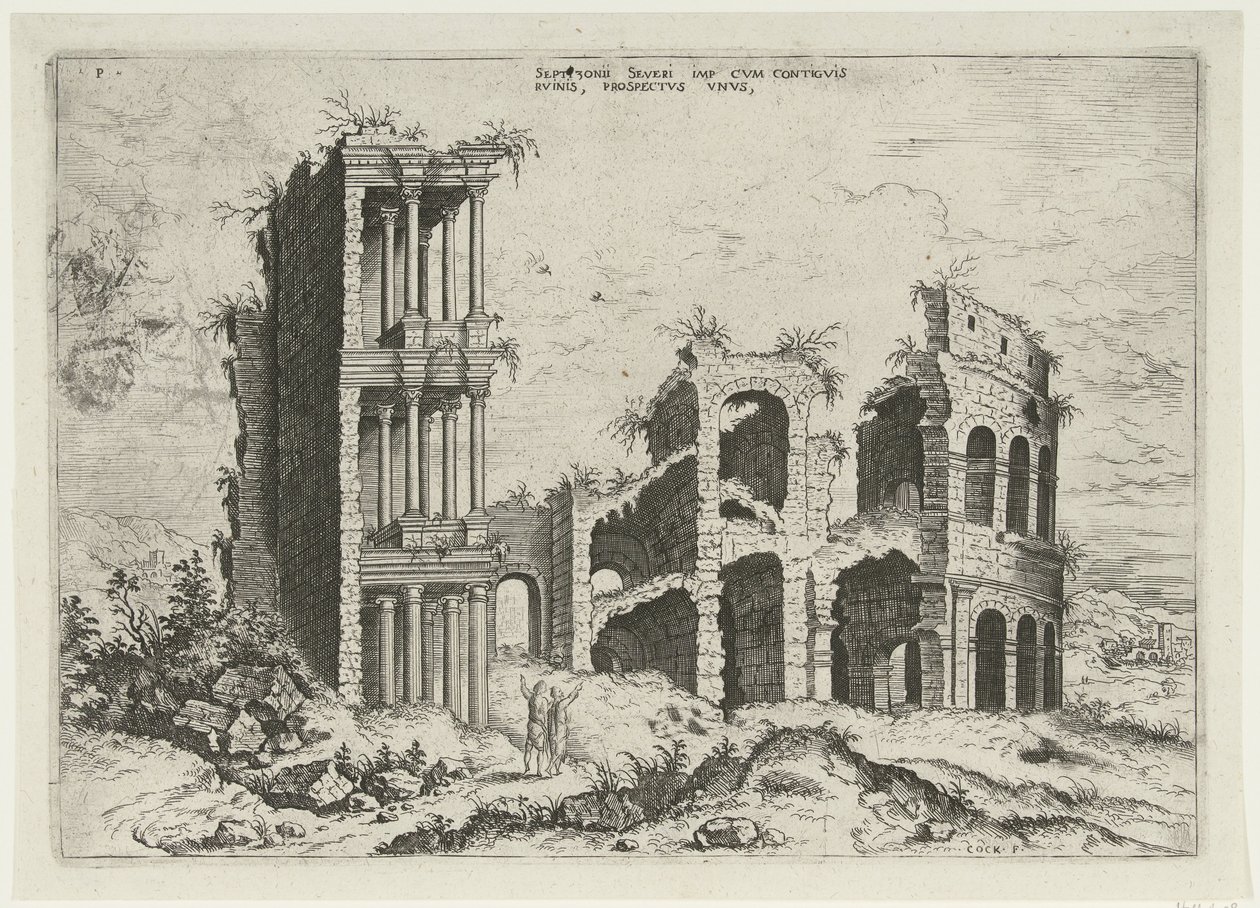 Utsikt over Septizonium og Colosseum i Roma Septizonii Severi Imp (...) (tittel på objekt) Romerske ruiner (serietittel) av Hieronymus Cock