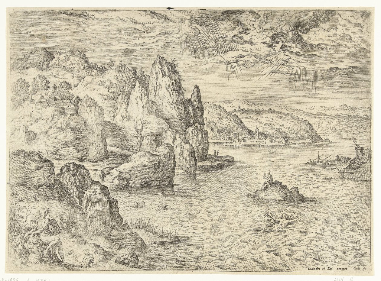 Hero og Leander Landskap med bibelske og mytologiske scener (serietittel) av Hieronymus Cock
