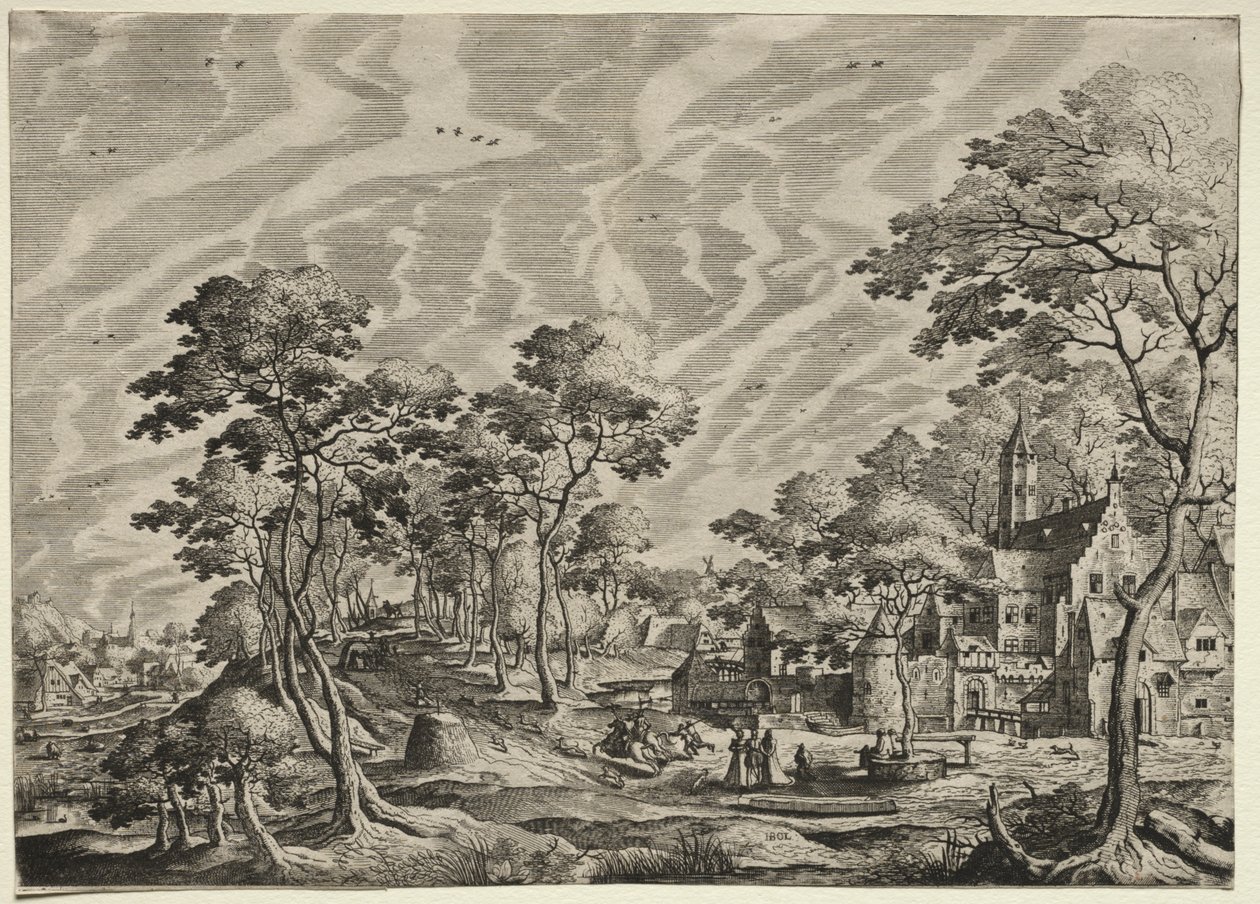 Landskap med et slott til høyre, 1630. av Hieronymus Cock