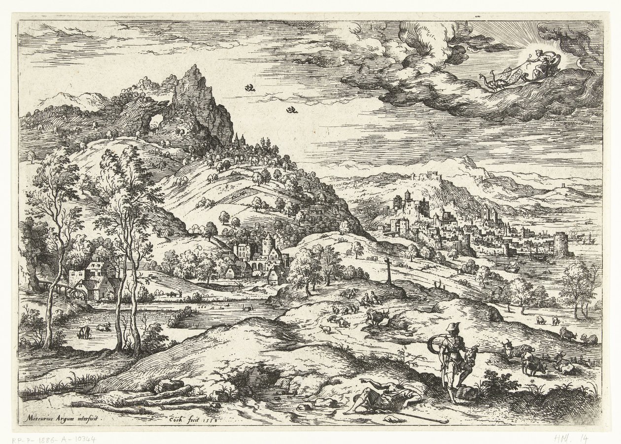 Merkur med hodet til Argus Landskap med bibelske og mytologiske scener (serietittel) av Hieronymus Cock