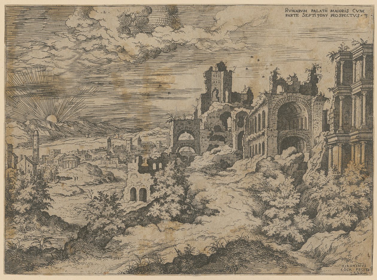 Ruiner av Palatin med panoramautsikt over landskapet, blad 3 i serien «Praecipua aliquot Romanae Antiquitatis Ruinarum Monimenta [...]» av Hieronymus Cock