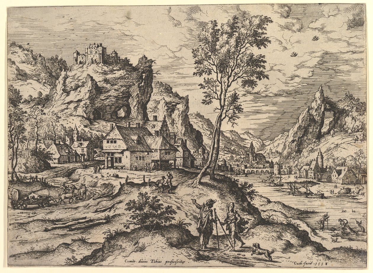 Tobit fra Landskap med bibelske og mytologiske scener, 1558. av Hieronymus Cock