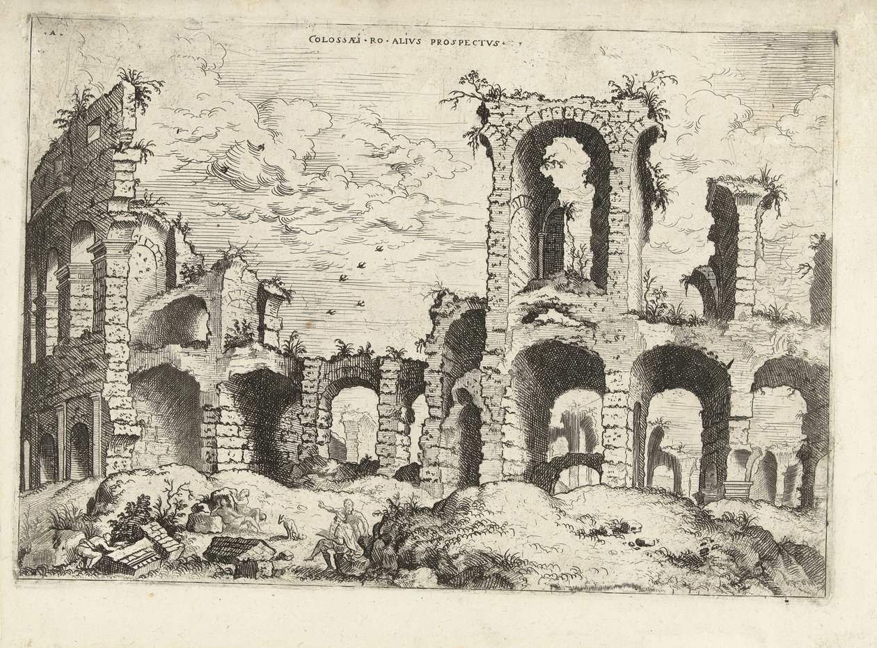 Andre utsikt over Colosseum i Roma Collossæi ro alivs prospectvs (tittel på objekt) Romerske ruiner (serietittel) av Hieronymus Cock