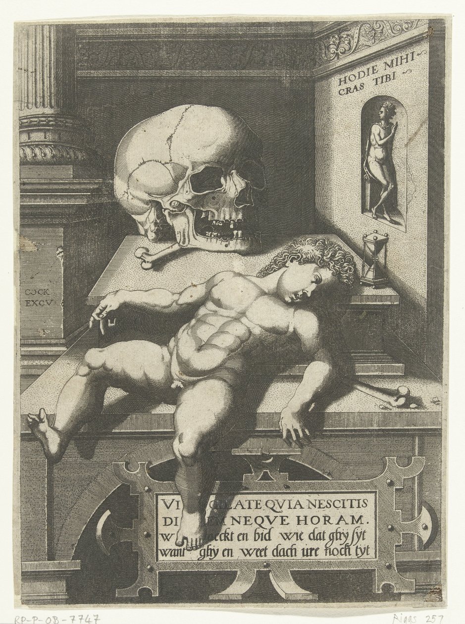 Vanitas-forestilling med barn og hodeskalle (Hodi mihi kras tibi / Today I, tomorrow du) av Hieronymus Cock