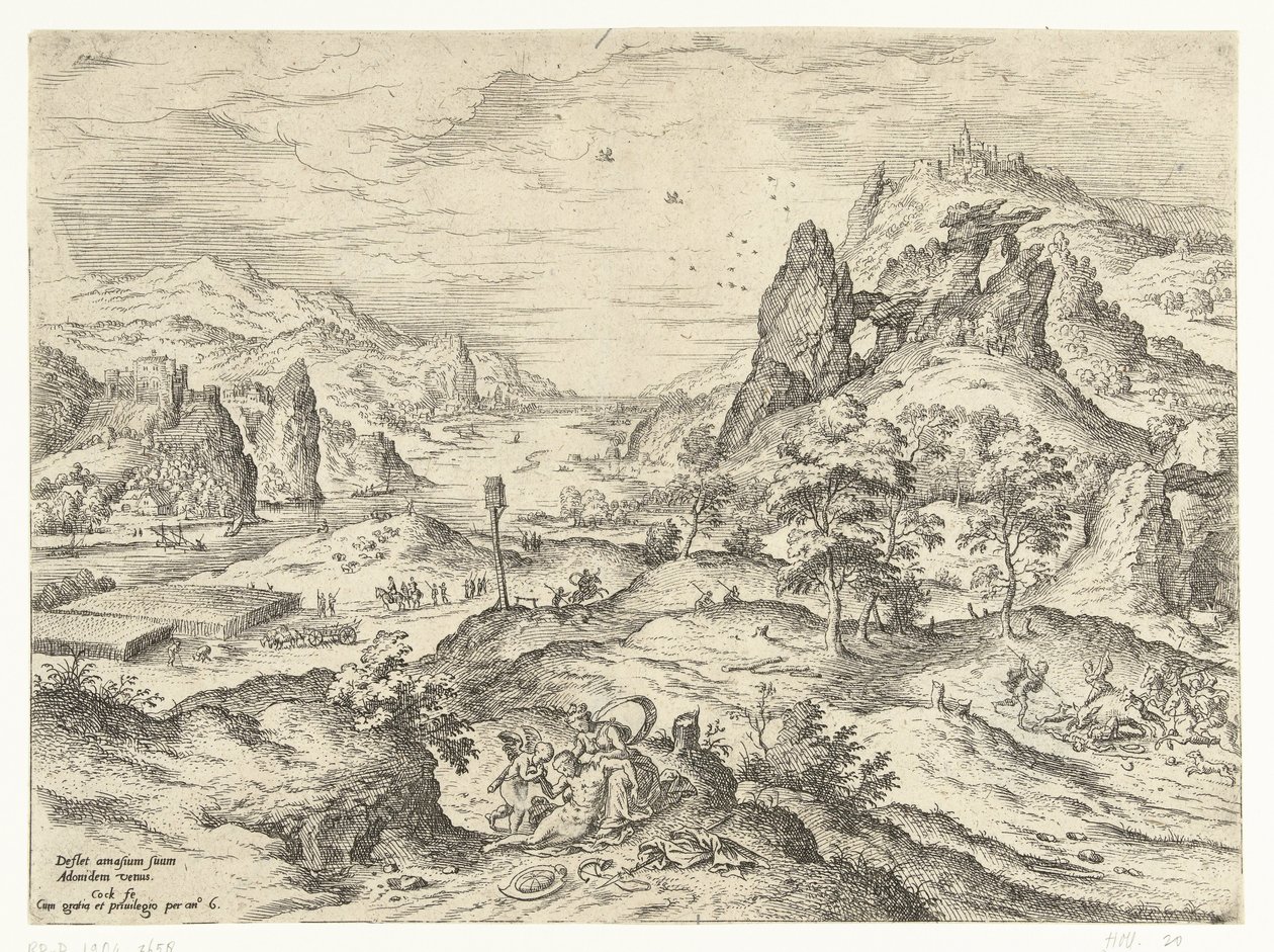 Venus sørger over Adonis død Landskap med bibelske og mytologiske scener (serietittel) av Hieronymus Cock