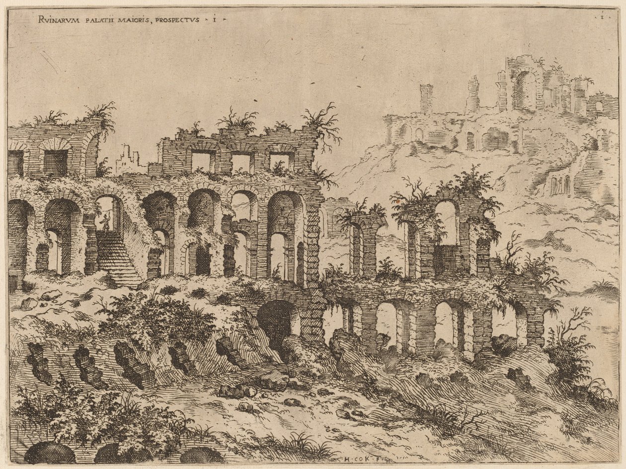 Utsikt over Colosseum med Palatinen i bakgrunnen av Hieronymus Cock