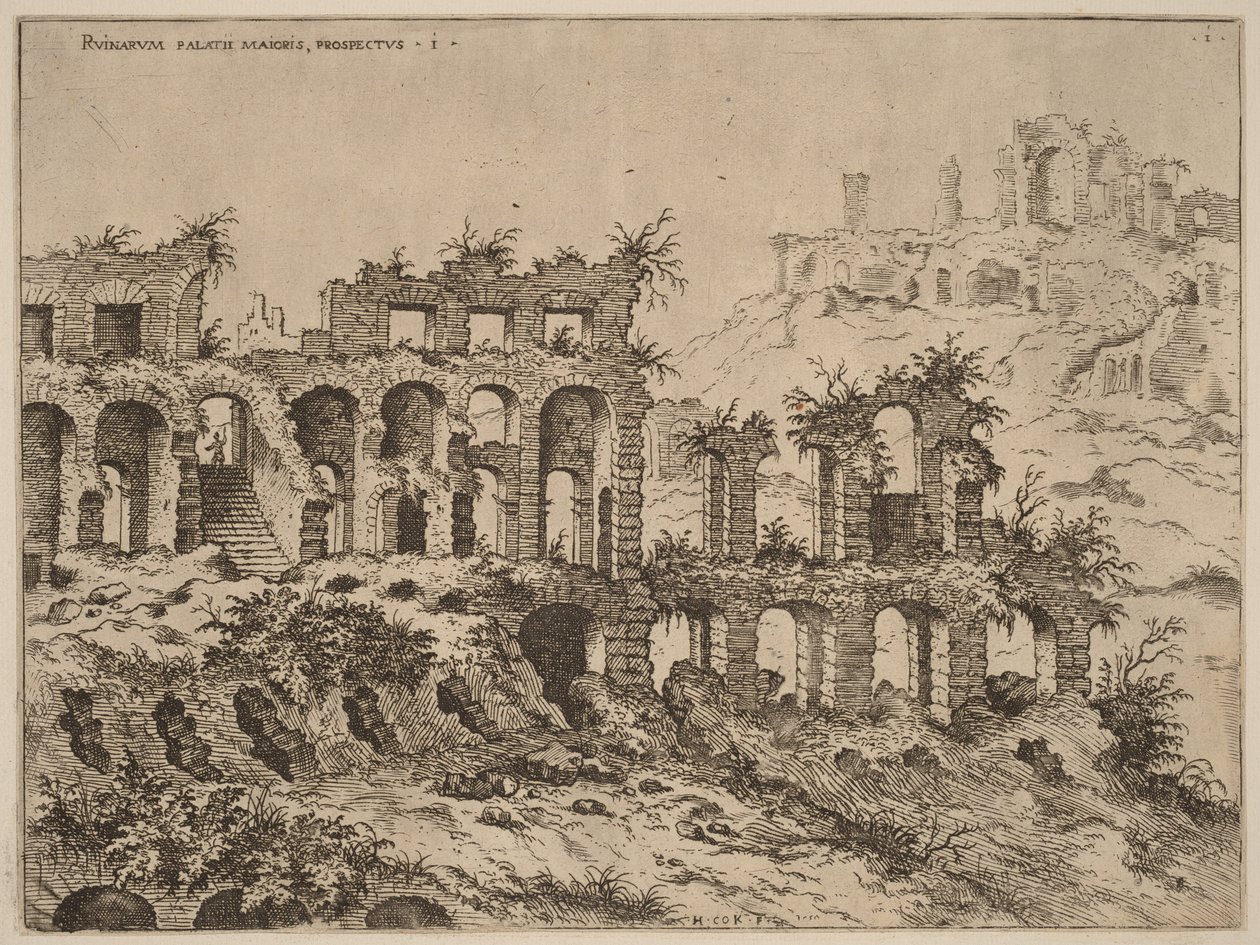 Utsikt over Colosseum med Palatinerhøyden i bakgrunnen av Hieronymus Cock