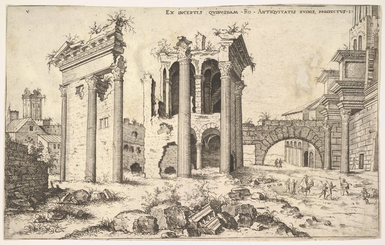 Utsikt over uidentifiserte ruiner med skåret fasade til venstre, arkader i midten og bue ved r..., 1551. av Hieronymus Cock