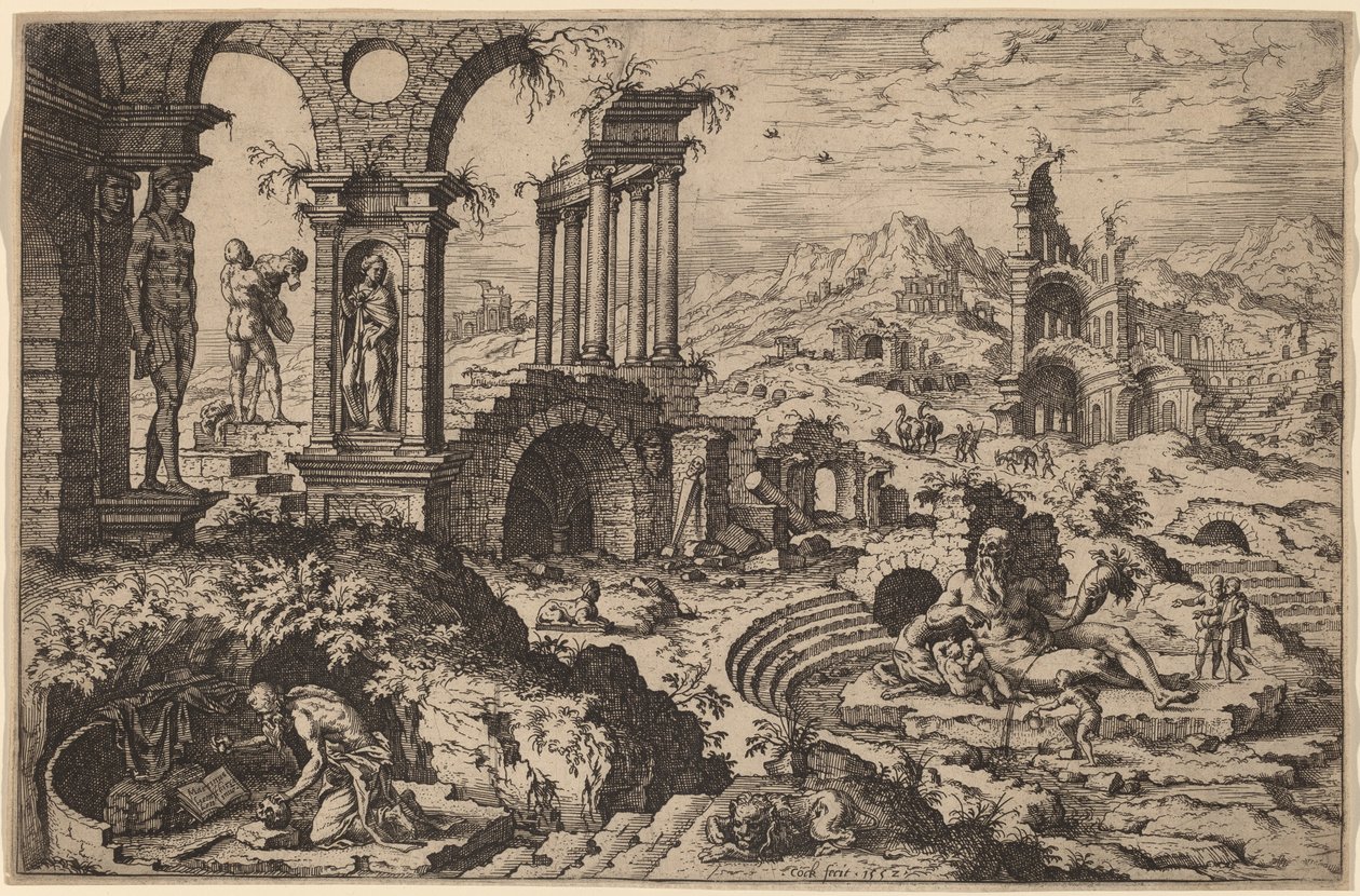 Saint Hieronymus i et landskap med ruiner av Hieronymus Cock after Maerten van Heemskerck