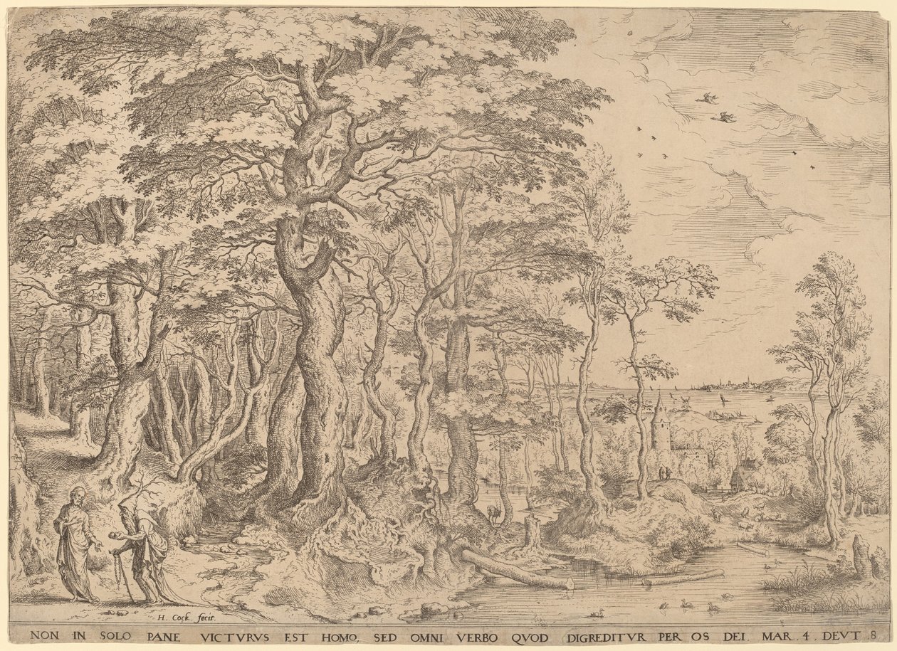 Landskap med Kristi fristelse av Hieronymus Cock after Pieter Bruegel the Elder