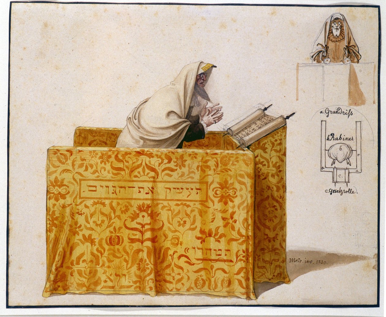 Akvarell, fjær, 27 x 33 cm. Rabbiner i en synagoge, tegning av Hieronymus Hess (1799 - 1850), prosjekt for figur. (JM 1190) Jødisk museum Basel, Sveits. av Hieronymus Hess