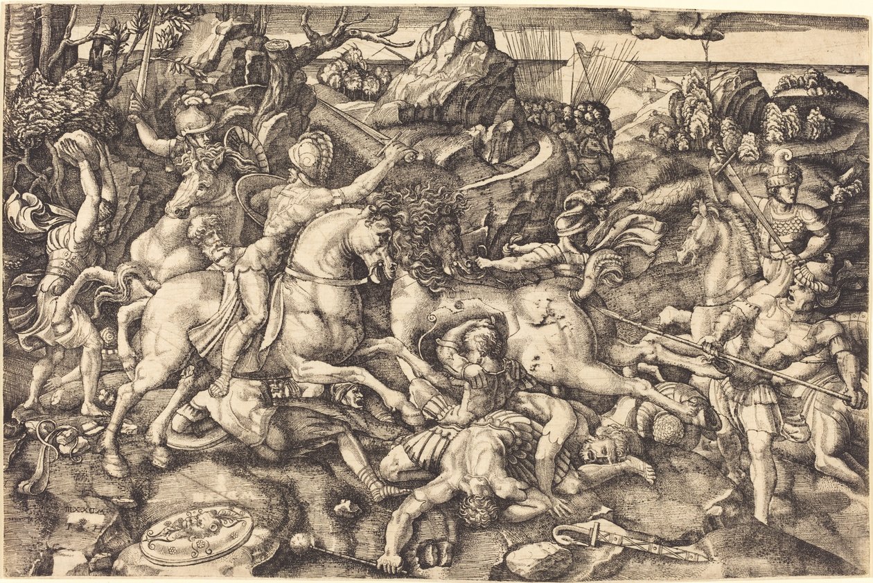 Kamp mellom ryttere og fotsoldater av Hieronymus Hopfer after Raphael