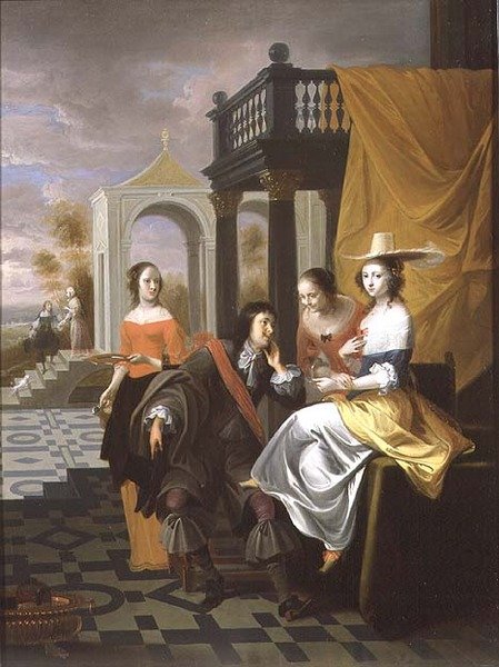 En gentleman betalende domstol, 1661 (panel) av Hieronymus Janssens