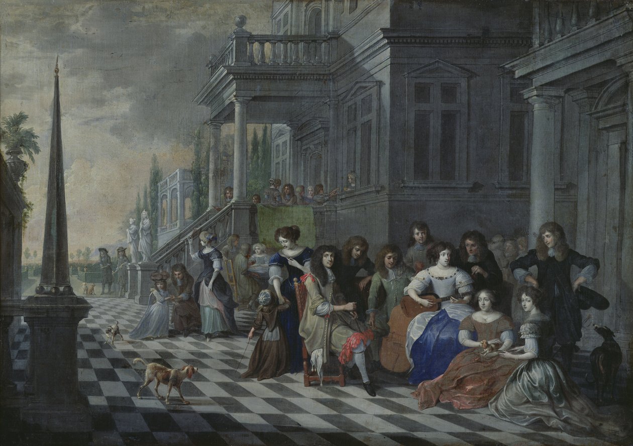 Karakterer som lager musikk foran et palass, 1672 av Hieronymus Janssens