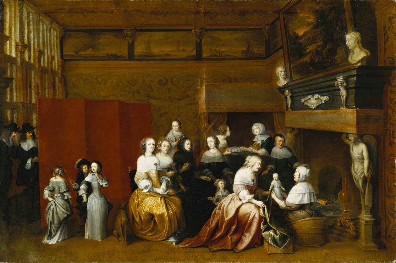 Damer som feirer et barns fødsel, og herrer som ser på fra bak en skjerm, i et interiør, av Hieronymus Janssens