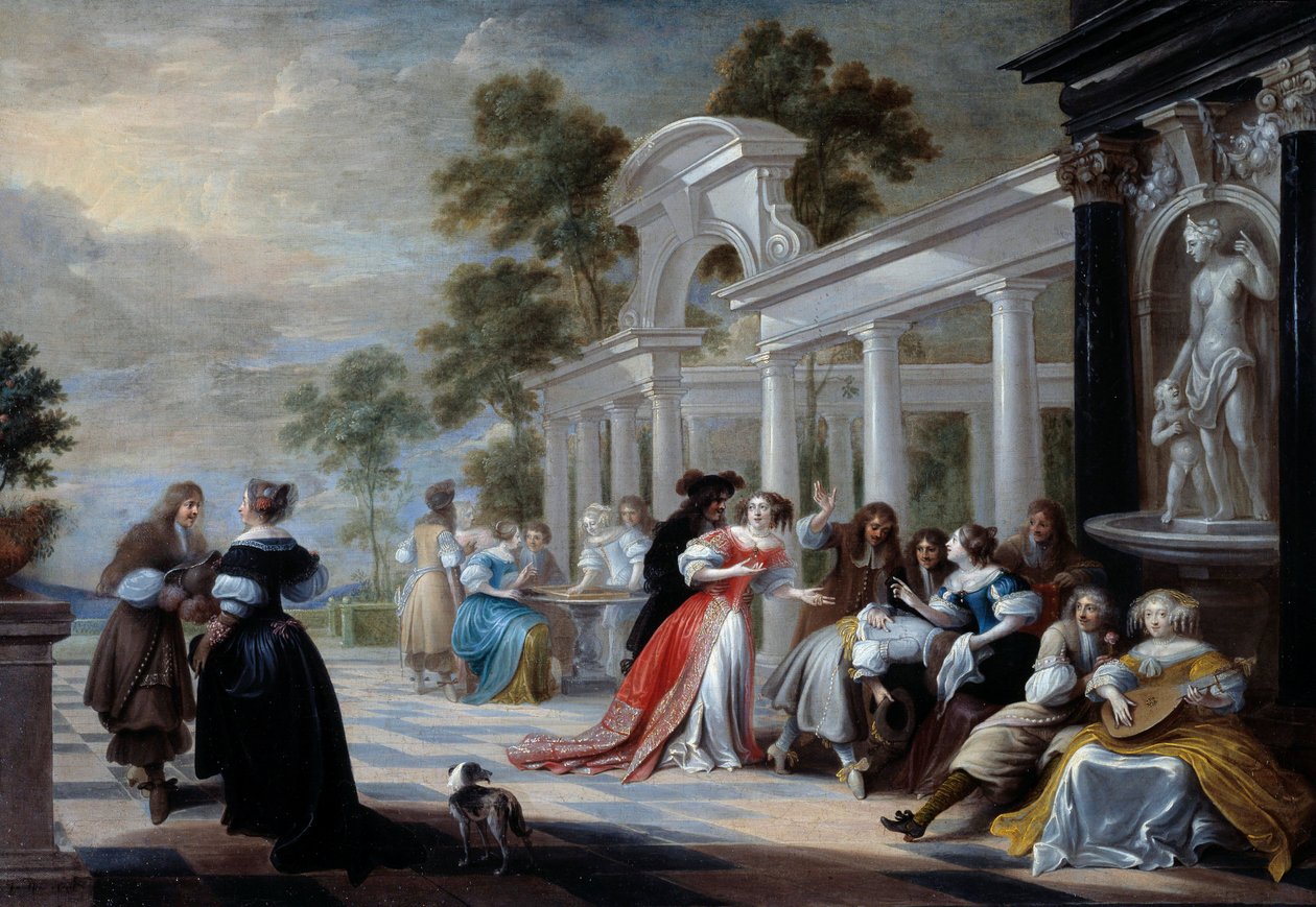 Spillet Hot Hand Unge fra den flamske adelen som spiller i en park. Maleri av Hieronymus Janssens dit le Dancer (1624-1693) 1600-tallet Søn. 0,58x0,83 m av Hieronymus Janssens