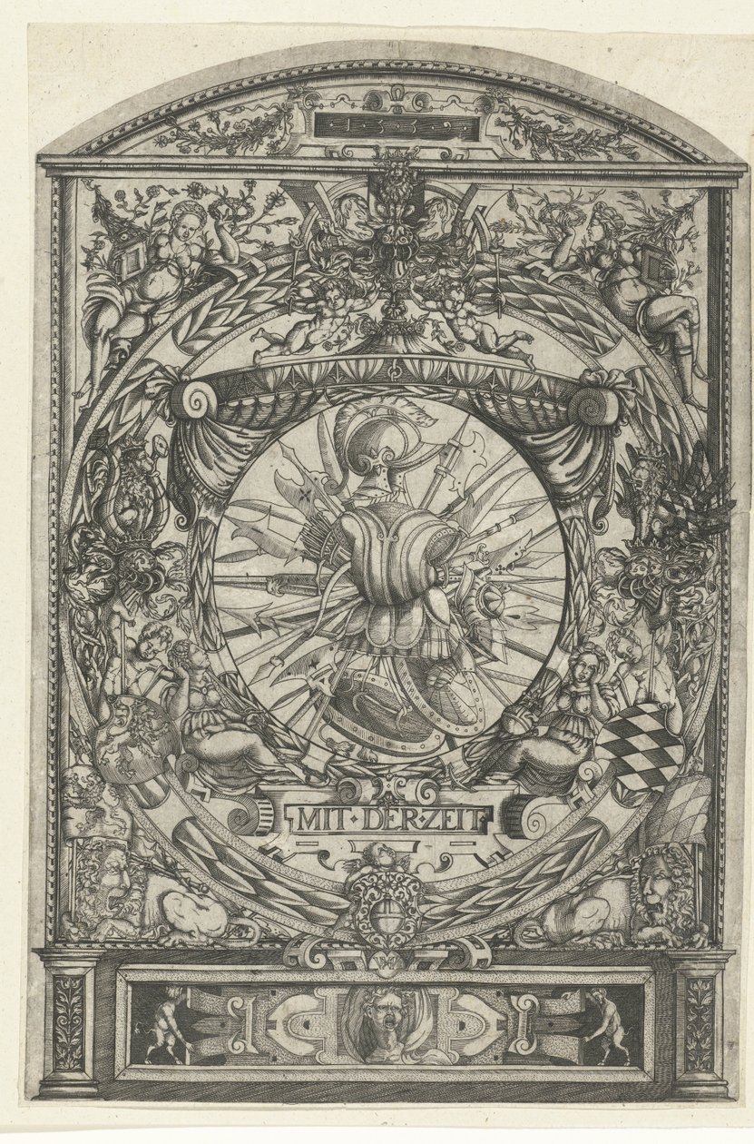 Medaljong med våpentrofé i ornamental ramme av Hieronymus Wechinger