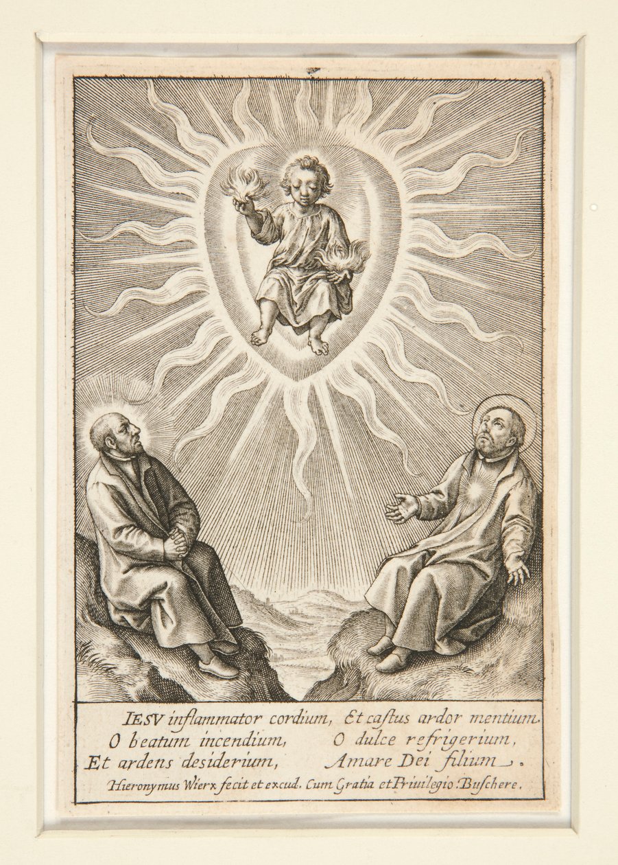 Spedbarnet med et flammende hjerte mellom Ignatius av Loyola og Francis Xavier av Hieronymus Wierix