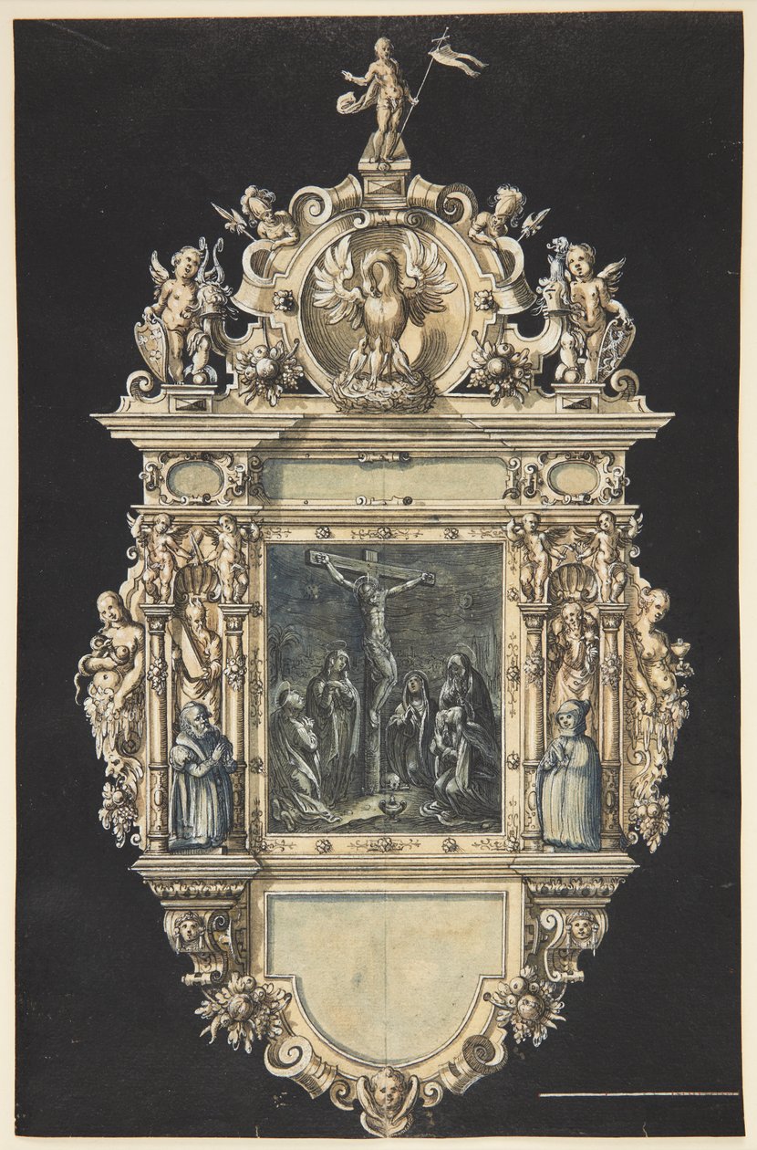Utkast til et epitafium med Kristi korsfestelse. En rikt ornamentert ramme med tallrike figurer av Hieronymus Wierix