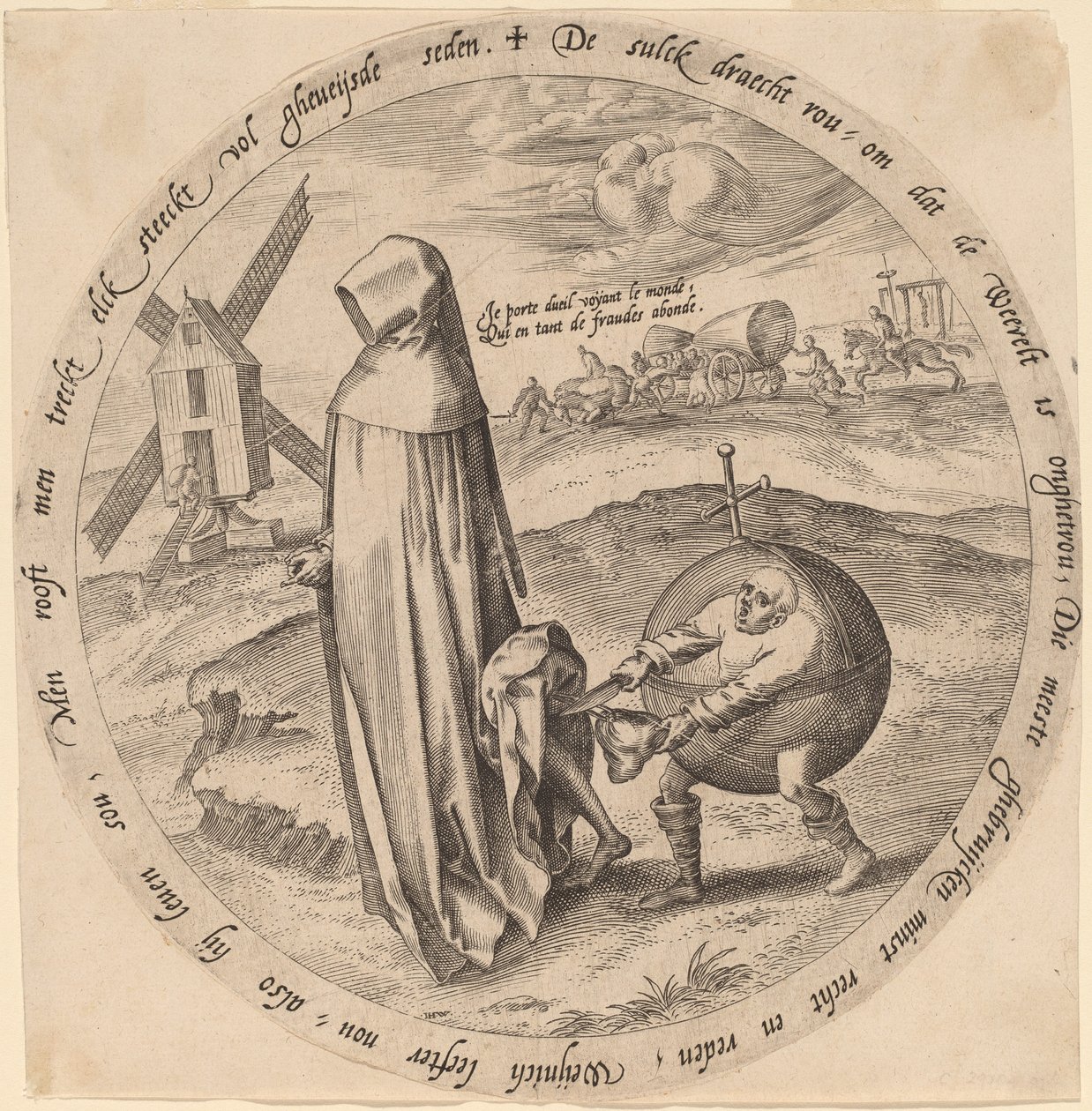 Misantropen ranet av verden av Hieronymus Wierix after Pieter Bruegel the Elder