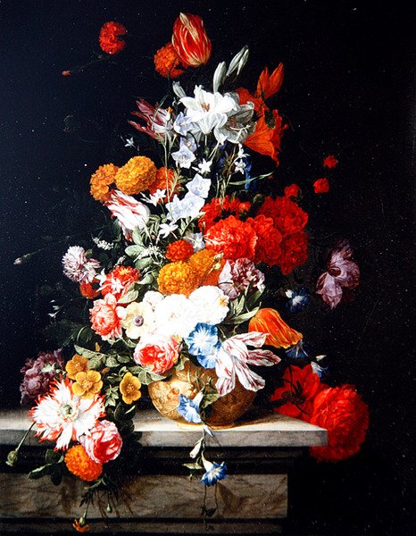 Blandede blomster i en forgylt vase (olje på panel) av Hieronymus the Elder Galle