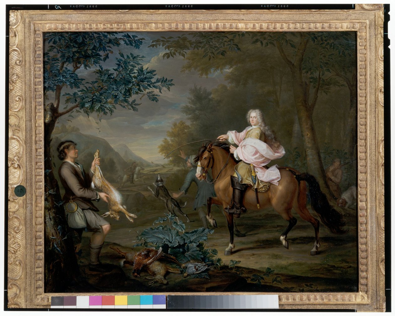 En gentleman på hesteryggen med jegere i et omfattende landskap av Hieronymus van der Mij