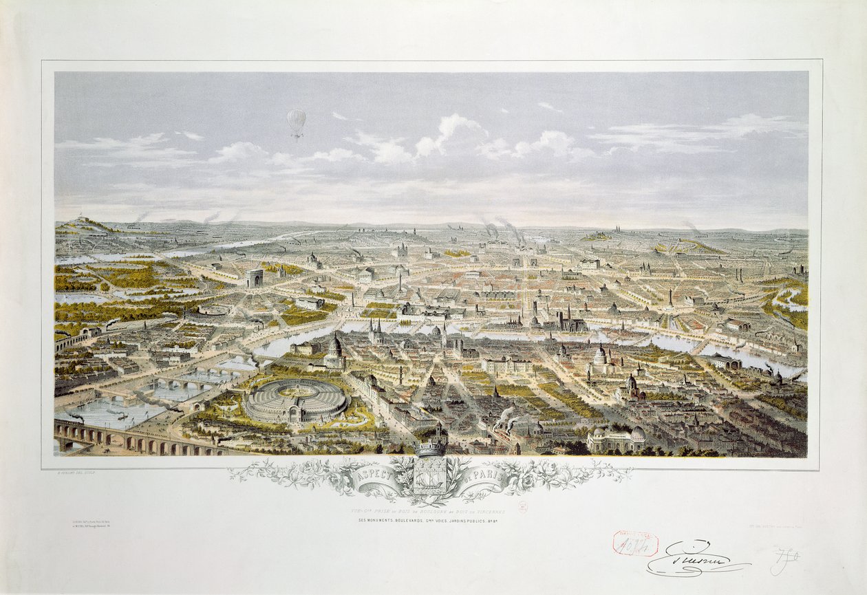 Utsikt over Paris fra Bois de Boulogne, under verdensutstillingen i 1867 (fargegravering) av Hilaire Guesnu
